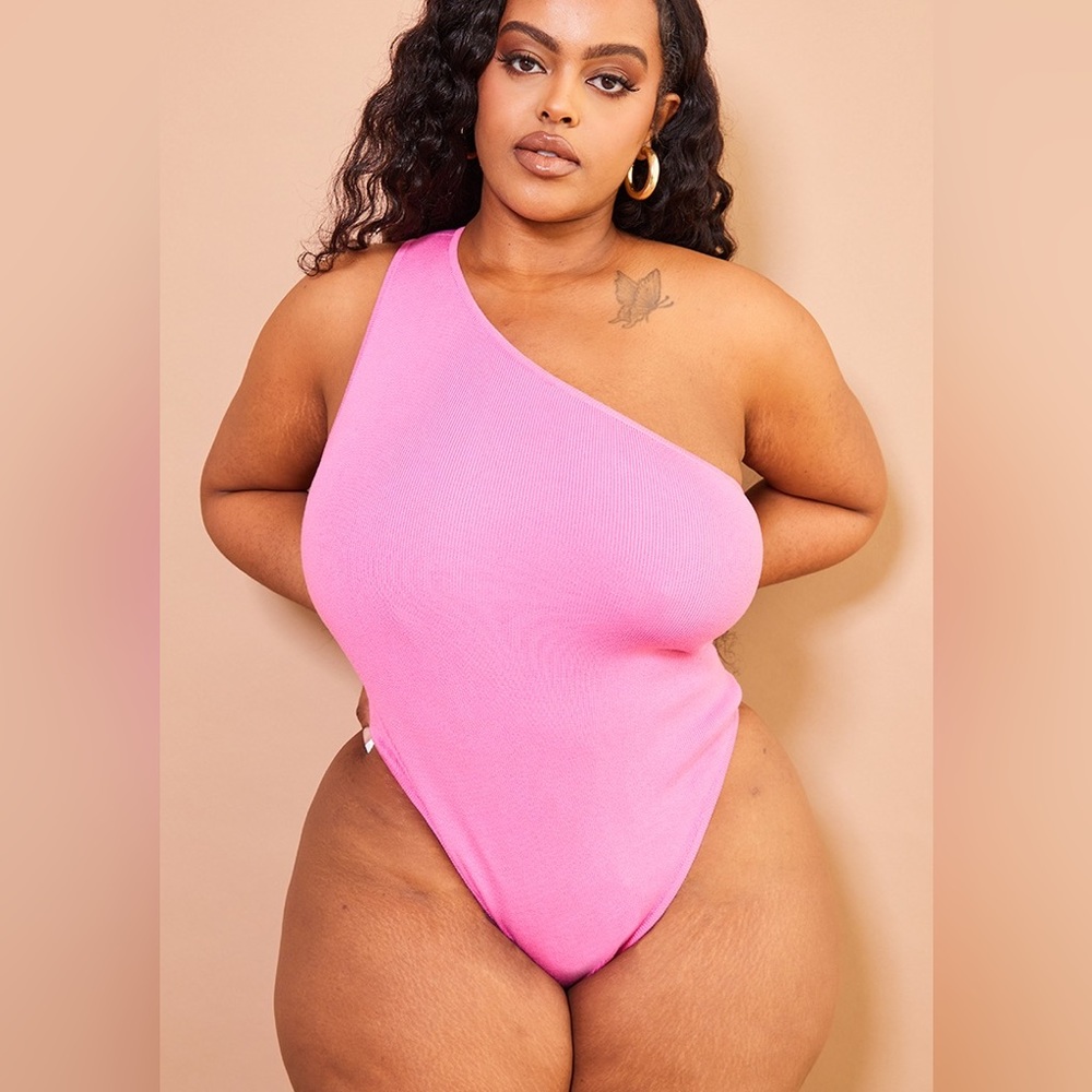 Pretty Little Thing Plus Fuchsia One Shoulder Knitted Bodysuit XXL NWT